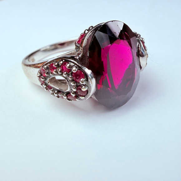 Estate 14K White Gold 7.5 CT Rhodolite Garnet & Ruby Custom Vintage Ring - Picture 2 of 12